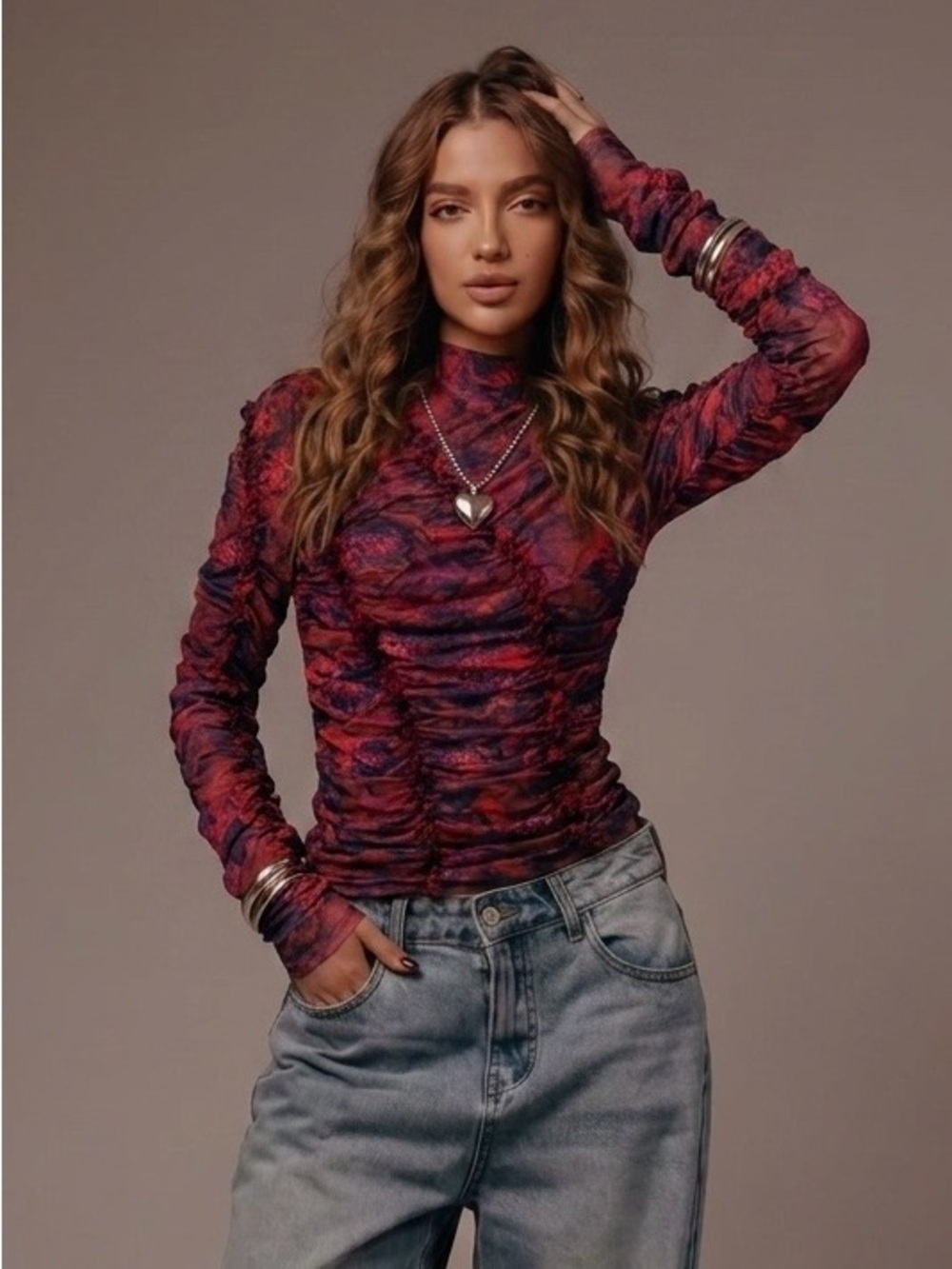 cinq a sept Ruched Long-Sleeve Mesh Top in Red-Purple Print